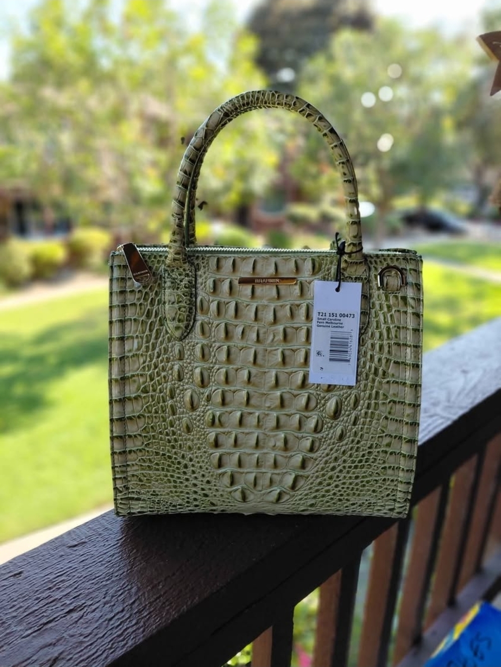 Brahmin Croc-Embossed Satchel in Light Green and Cream